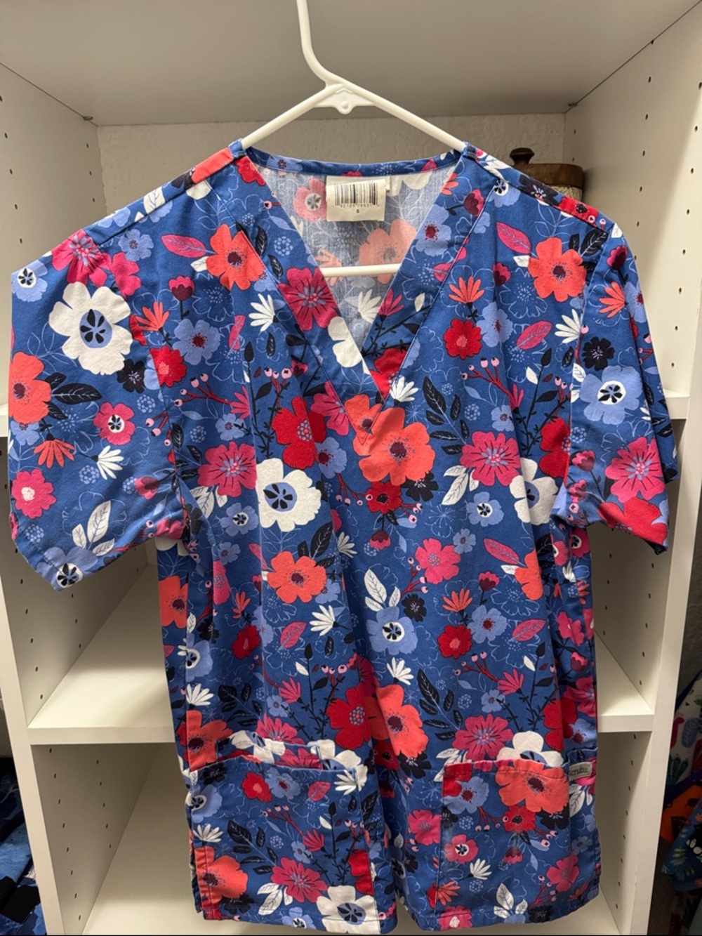 Blue Floral V-neck Medical Scrub Top
